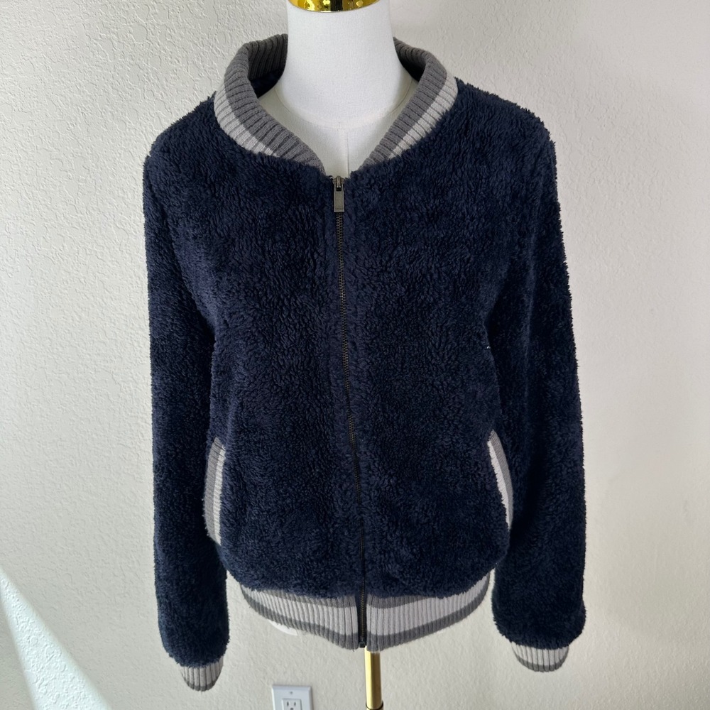 BNCI Bomber Jacket Women M Navy Blue Sherpa Varsity Zip Up Teddy Coat Preppy